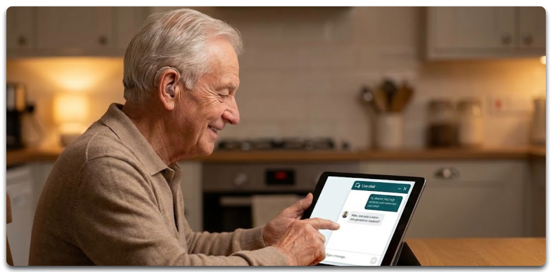 A smiling elderly man with a hearing aid using a tablet to chat with the council live support from his kitchen