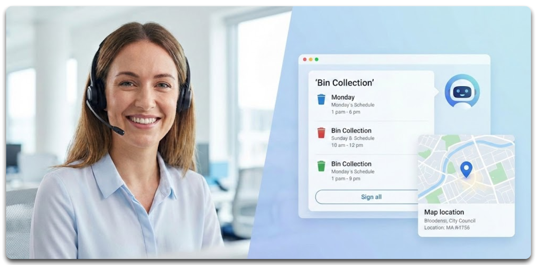 A split image showing a smiling human customer service agent and a hybrid AI chatbot interface with bin collection and map information
