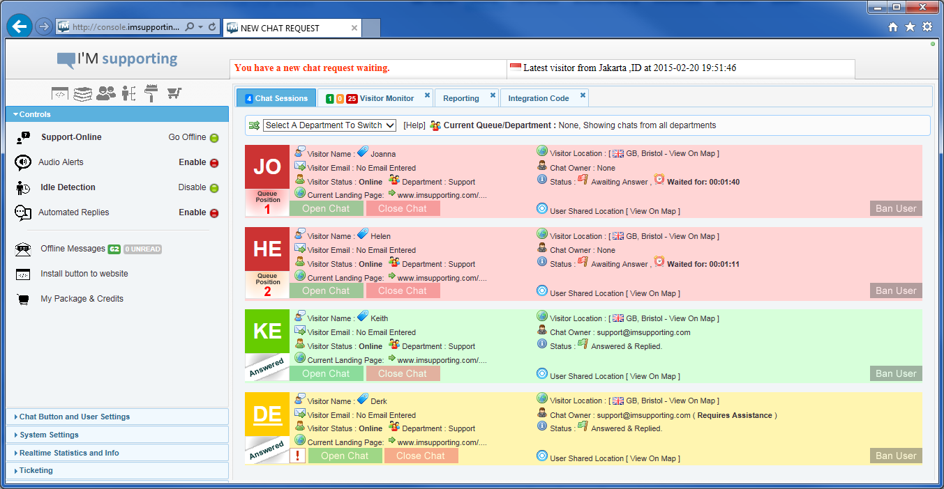 Live chat web dashboard